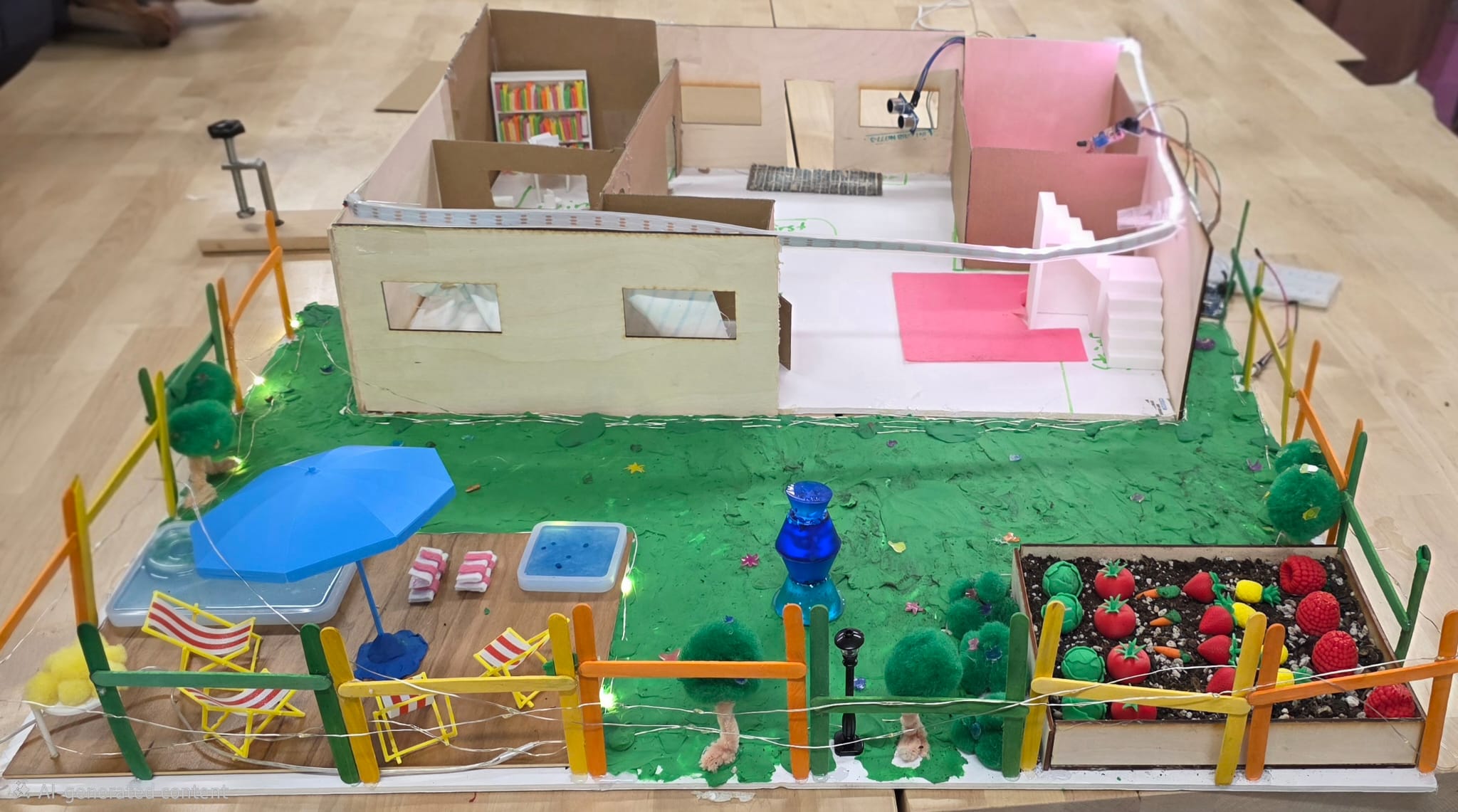 Another view of the students' completed Smart House, showing its lighting and built features